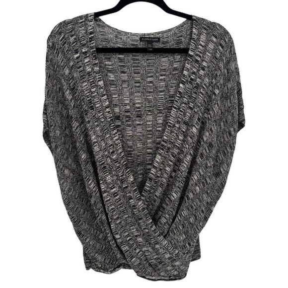 Eileen Fisher Silk/Linen Blend Surplice Wrap Sweater Black/White/Grey Size Large - Picture 1 of 7